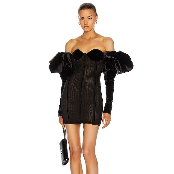 Laquan Smith | Off Shoulder Puff Sleeve Dress | Black | Large - Picture 1 of 8